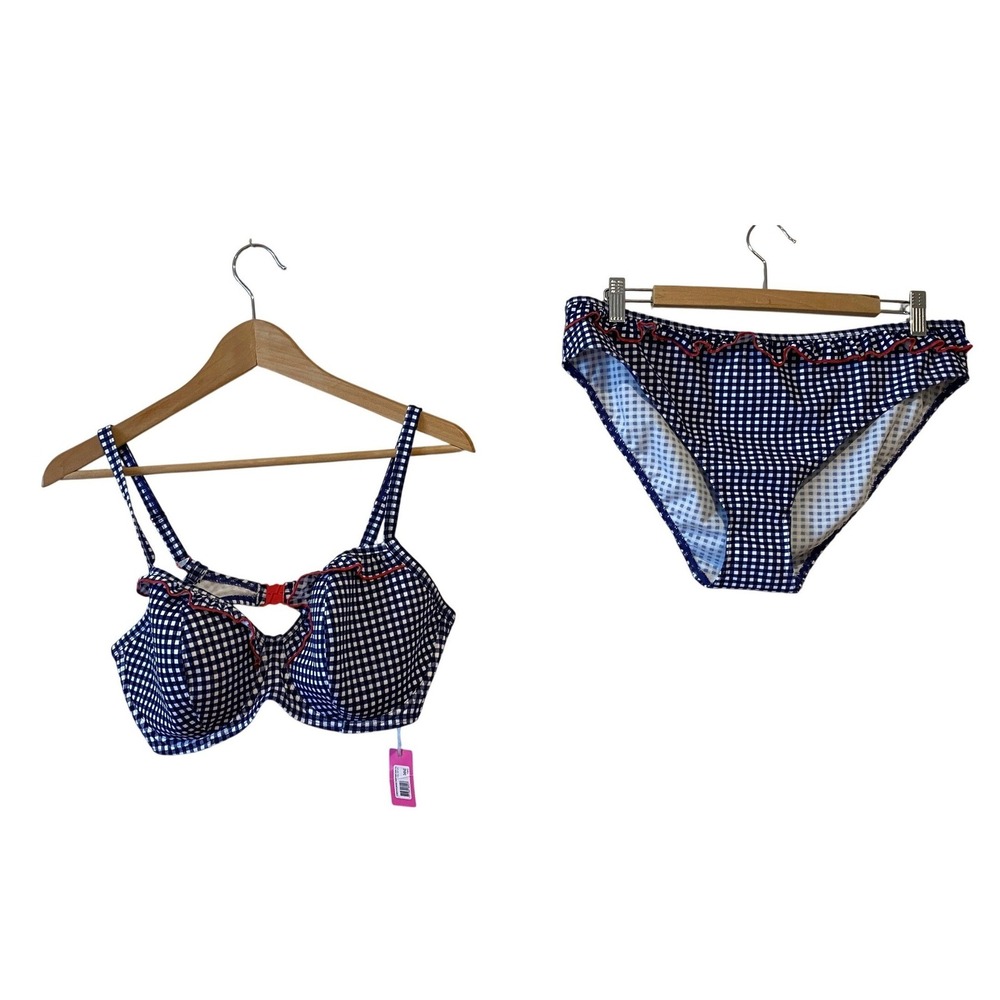 Midnight Grace Bikini 38E/18 Navy Gingham Ruffle Underwire Swimsuit Beach NWT